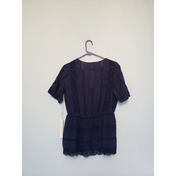 Caslon Womens S Blouse Dark Blue Eyelet Lace V Neck Boho Peplum 100% Cotton NWT - Picture 2 of 6